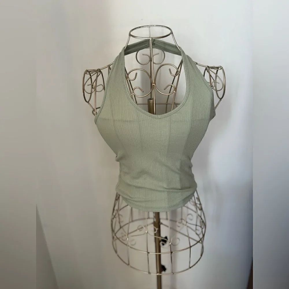 American Eagle Ribbed Halter Top Open Back V Neck Size XS Green
